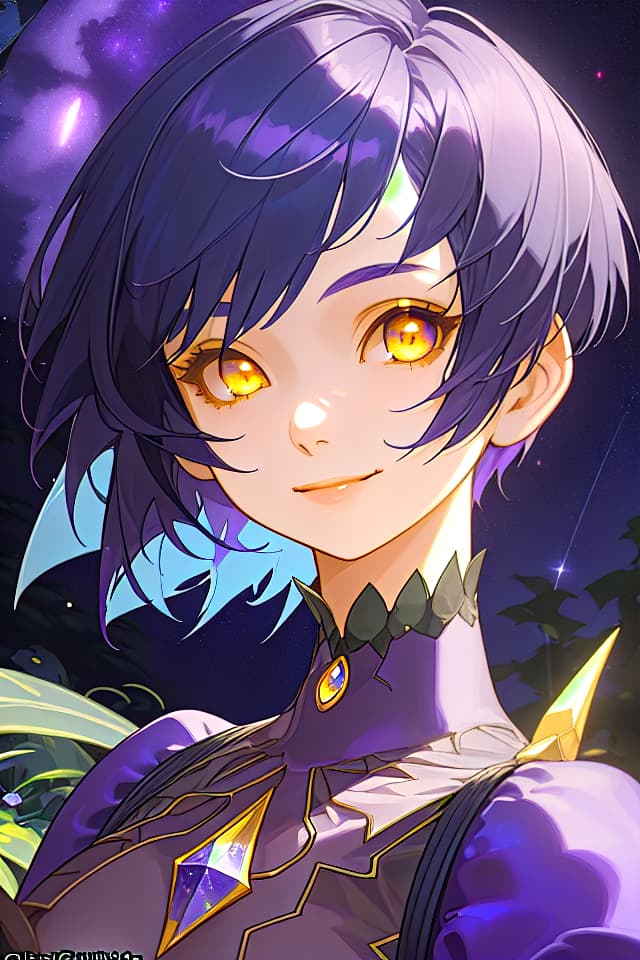  1 lady,indigo hair,pixie cut,yellow eyes,purple glittering dress,light smile,starry sky,garden,face close up