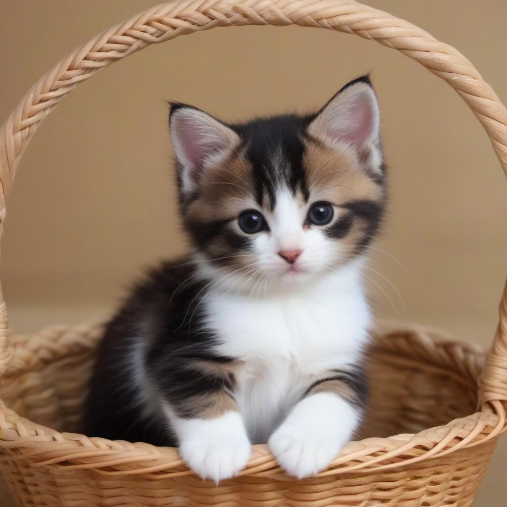  2 very beautiful, cute tricolor kitten sit in a basket