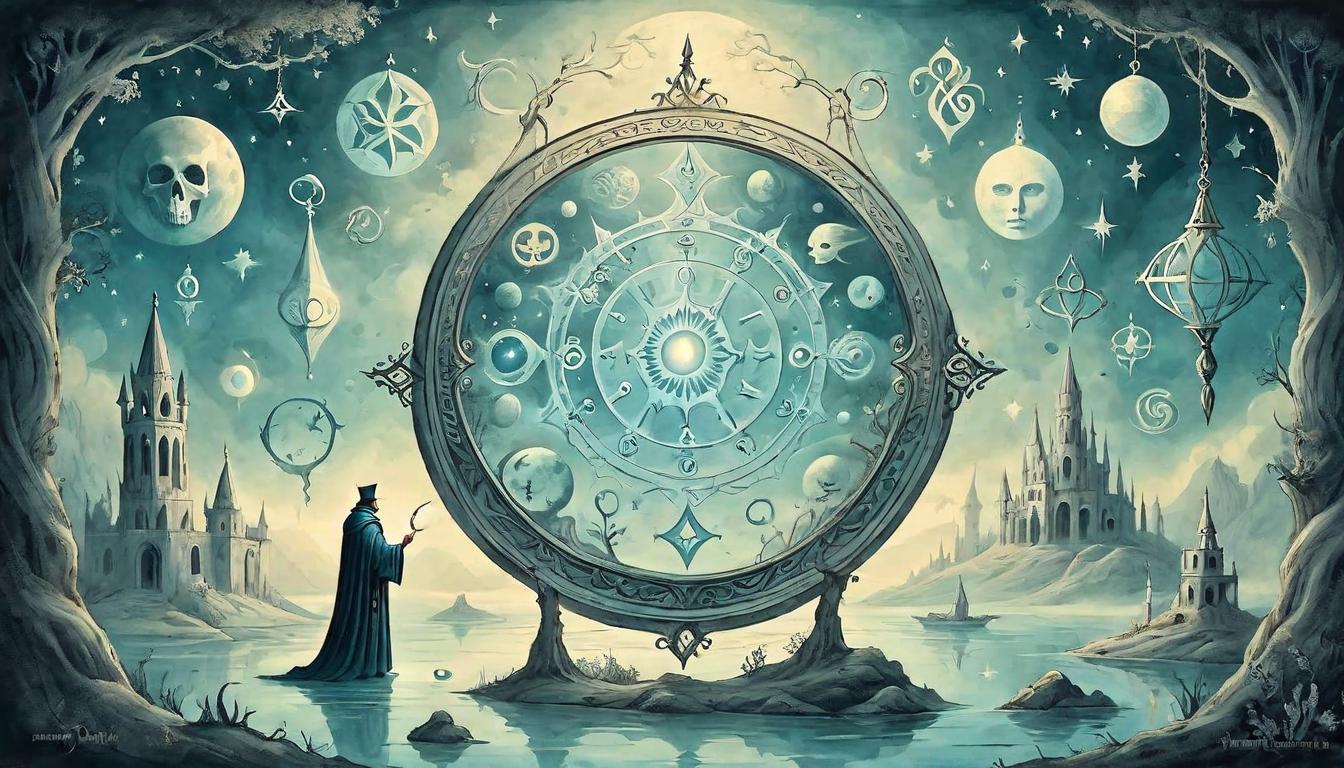  on parchment, surrealism+++, A reflective mirror with a soft glow, surrounded by floating ethereal symbols, mystical, contemplative(mysterious, provocative, symbolic,muted color)+++