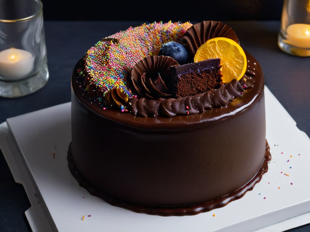  An ultradetailed, highresolution image of a decadent chocolate cake with a glossy ganache glaze, adorned with sprinkles of finely ground algarroba powder on top. The cake is displayed on a sleek, modern white plate against a matte black backdrop, emphasizing the contrast between the rich dark chocolate and the earthy algarroba dusting. The lighting is soft, casting a subtle glow on the cake, highlighting its intricate details and inviting the viewer to indulge in its luxurious presentation. hyperrealistic, full body, detailed clothing, highly detailed, cinematic lighting, stunningly beautiful, intricate, sharp focus, f/1. 8, 85mm, (centered image composition), (professionally color graded), ((bright soft diffused light)), volumetric fog, trending on instagram, trending on tumblr, HDR 4K, 8K