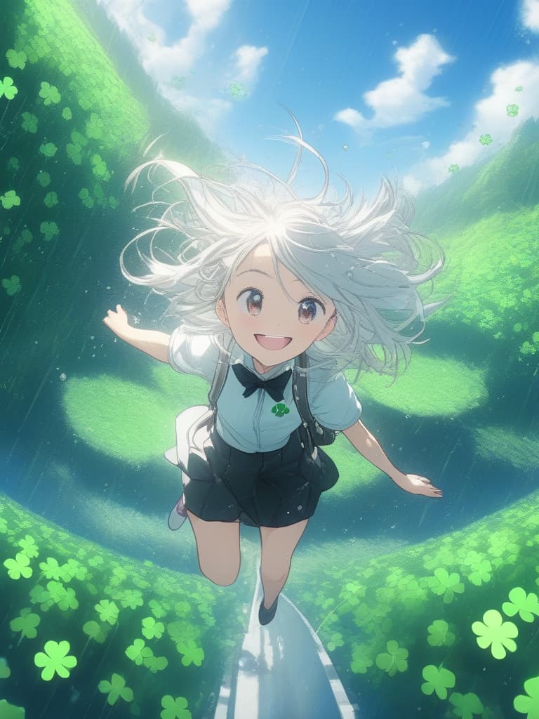  (((Masterpiece))),Masterpiece,,((((overhead shot 1.5))),((((fisheye lens 1.3)))),girl,((((jumping)))),delicate white hair color,medium hair,waving hair hair,smiling face,green shining eyes,red umbrella,(((four leaf clover,))👗,floating four leaf clover ,❀✿✿✤,(((raises four leaf clover in hand)))),(((raises both hands)))),((((raining 1.3)))),,Super high quality,8K, masterpiece, best quality,8k,ultra detailed,high resolution,an extremely delicate and beautiful,hyper detail