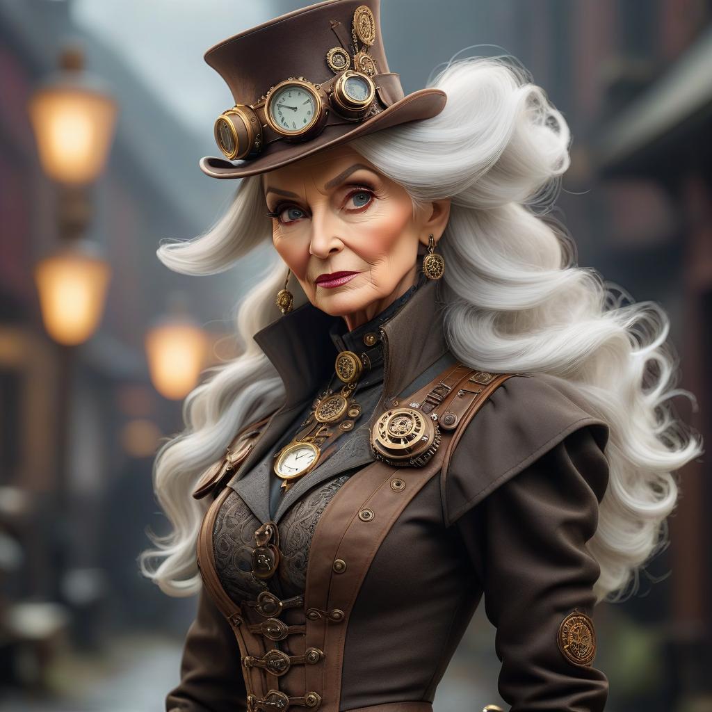  mature old women face, steampunk style, full body shot, long boots hyperrealistic, full body, detailed clothing, highly detailed, cinematic lighting, stunningly beautiful, intricate, sharp focus, f/1. 8, 85mm, (centered image composition), (professionally color graded), ((bright soft diffused light)), volumetric fog, trending on instagram, trending on tumblr, HDR 4K, 8K