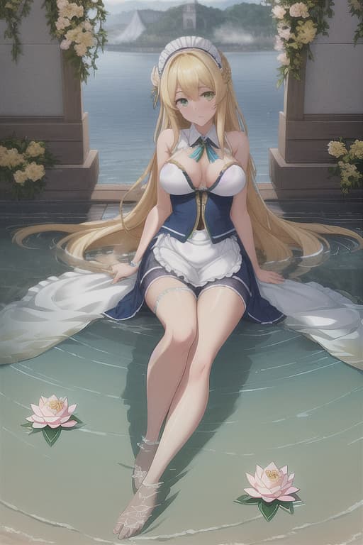  (score 9,score 8 up,score 7 up,),1girl,solo,maid,maid headdress,looking at viewer,outdoor,lake,apron,blonde hair,indoors,green eyes,bare foot,two feet in the water lotus flower sex stunny hyperrealistic, full body, detailed clothing, highly detailed, cinematic lighting, stunningly beautiful, intricate, sharp focus, f/1. 8, 85mm, (centered image composition), (professionally color graded), ((bright soft diffused light)), volumetric fog, trending on instagram, trending on tumblr, HDR 4K, 8K