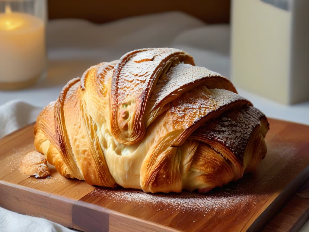  A closeup, ultradetailed image of a golden, flaky croissant freshly baked and placed on a rustic wooden table. The croissant is perfectly layered, with a glistening, buttery sheen on its surface. Crumbs are scattered around, emphasizing the texture and freshness of the pastry. The lighting is soft and warm, casting gentle shadows that enhance the depth and richness of the golden tones. hyperrealistic, full body, detailed clothing, highly detailed, cinematic lighting, stunningly beautiful, intricate, sharp focus, f/1. 8, 85mm, (centered image composition), (professionally color graded), ((bright soft diffused light)), volumetric fog, trending on instagram, trending on tumblr, HDR 4K, 8K