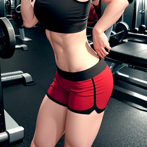  muscle , at the gym in red top and black spandex shorts