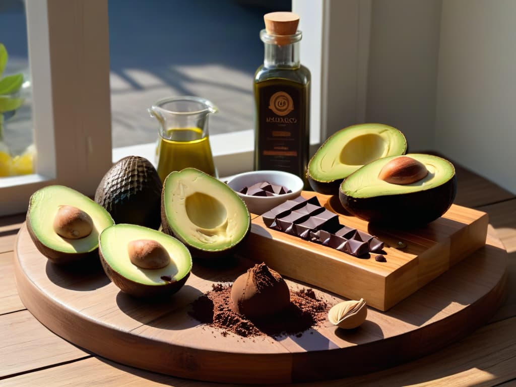  A photorealistic image of a beautifully arranged assortment of baking ingredients, including avocados, almonds, olive oil, and dark chocolate, displayed on a rustic wooden table. The soft natural light coming from a nearby window casts a gentle shadow, highlighting the textures and colors of the ingredients, conveying a sense of freshness and healthiness. This visually appealing composition evokes a feeling of culinary inspiration and wholesome baking practices. hyperrealistic, full body, detailed clothing, highly detailed, cinematic lighting, stunningly beautiful, intricate, sharp focus, f/1. 8, 85mm, (centered image composition), (professionally color graded), ((bright soft diffused light)), volumetric fog, trending on instagram, trending on tumblr, HDR 4K, 8K