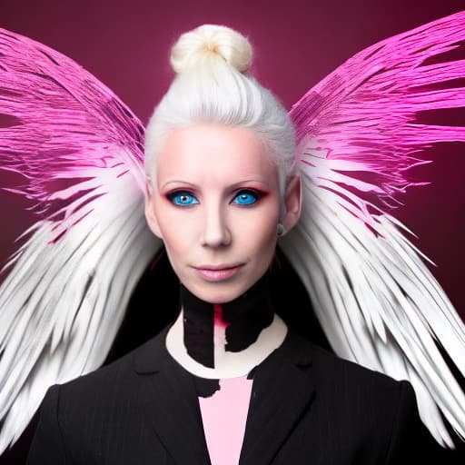 lnkdn photography angel with black wings with blood, pink eyes and white hair, seeing infinity