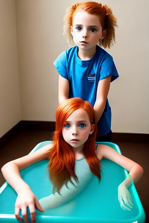 modelshoot style A amber haired youngest tiny  tween  in a shiny clear plastic see-through  sitting in a gyno examination table with her    open