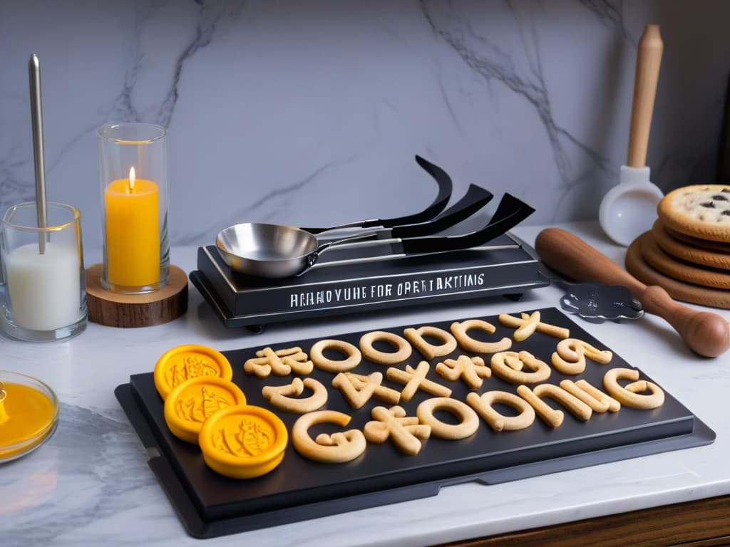  An ultradetailed image of a sleek black baking set featuring Harry Potterthemed cookie cutters, measuring spoons, and a rolling pin arranged neatly on a marble countertop. The intricate designs of the cookie cutters showcase iconic symbols from the wizarding world, such as lightning bolts, glasses, and broomsticks, adding a touch of magic to any baking session. The highquality stainless steel finish of the utensils gleams under the soft kitchen lighting, creating a sophisticated and enchanting atmosphere for aspiring bakers and Harry Potter fans alike. hyperrealistic, full body, detailed clothing, highly detailed, cinematic lighting, stunningly beautiful, intricate, sharp focus, f/1. 8, 85mm, (centered image composition), (professionally color graded), ((bright soft diffused light)), volumetric fog, trending on instagram, trending on tumblr, HDR 4K, 8K