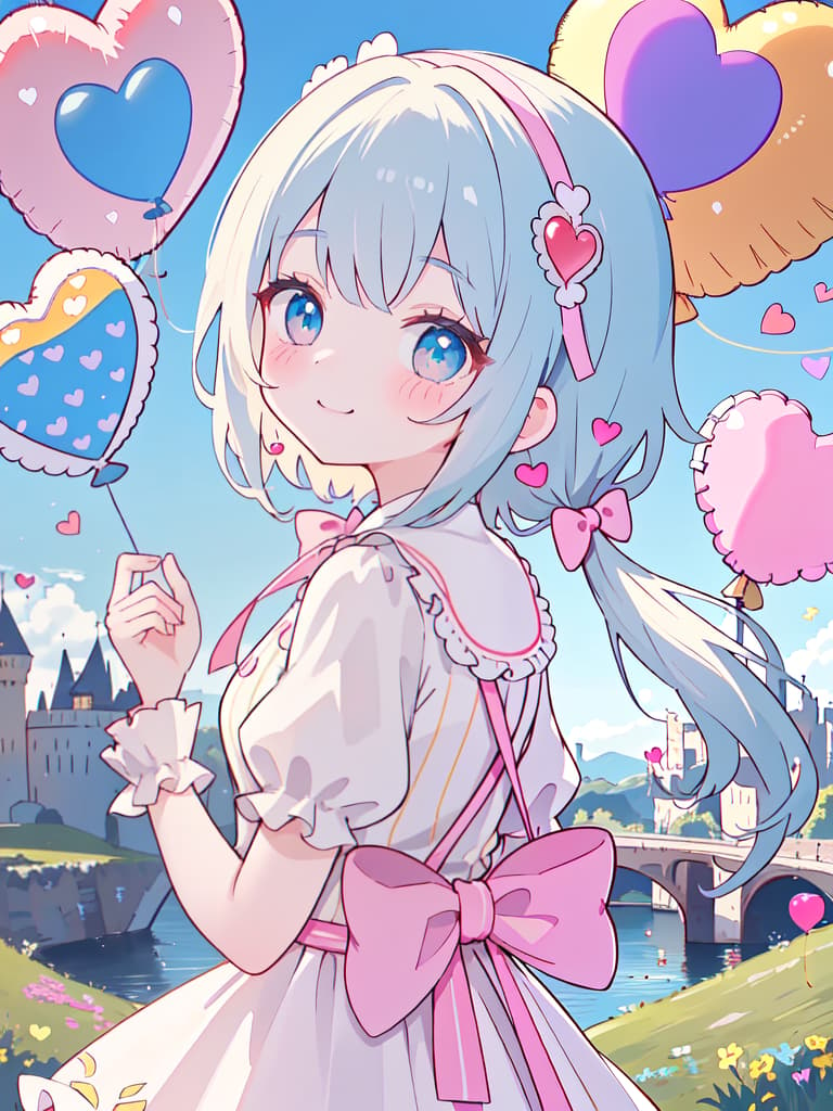  ultra detailed:1.2,masterpiece:1.2,best quality,masterpiece,bestquality,hdr:1.1,8k:1.1,very cute girl:1.3,(old castle:1.2),heart shaped balloon:1.3,(holding heart shaped balloon:1.3),candy stripe dress:1.3,looking back:1.3,ribbon headband:1.3,head tilt:1.4,finger to mouth:1.3,seductive smile:1.4,upper body:1.1, masterpiece, best quality,8k,ultra detailed,high resolution,an extremely delicate and beautiful,hyper detail