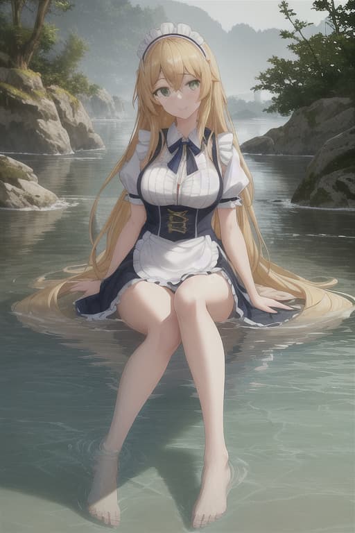  (score 9,score 8 up,score 7 up,),1girl,solo,maid,maid headdress,looking at viewer,outdoor,lake,apron,blonde hair,indoors,green eyes,bare foot,two feet in the water hyperrealistic, full body, detailed clothing, highly detailed, cinematic lighting, stunningly beautiful, intricate, sharp focus, f/1. 8, 85mm, (centered image composition), (professionally color graded), ((bright soft diffused light)), volumetric fog, trending on instagram, trending on tumblr, HDR 4K, 8K