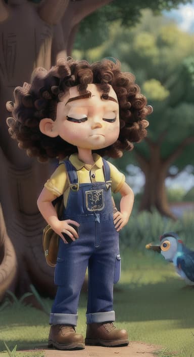  {Riley standing under the tree with eyes closed, making the wish., Riley, a curious with big brown eyes and curly hair, wearing overalls and carrying a small backpack. Their friend, Skye, a bluebird with shiny feathers.