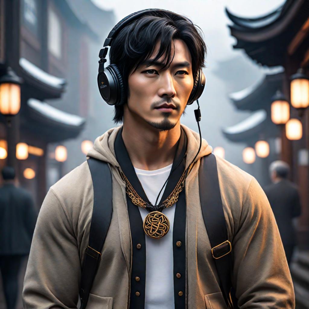  Picture a person whose music list consists of 16% of japanese celtic genre, 16% of japanese soundtrack genre, 50% of anime score genre, 16% of anime genre. This person's style should reflect all the music genres he listens to, from more to less, depending on their dominance. hyperrealistic, full body, detailed clothing, highly detailed, cinematic lighting, stunningly beautiful, intricate, sharp focus, f/1. 8, 85mm, (centered image composition), (professionally color graded), ((bright soft diffused light)), volumetric fog, trending on instagram, trending on tumblr, HDR 4K, 8K