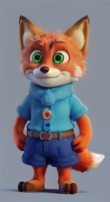  {Error the fox pressing the blue button with his paw, looking puzzled as nothing occurs., Error is a small, bright orange fox with a fluffy tail and big, inquisitive eyes. He has a mischievous yet kind expression and wears a tiny green scarf.