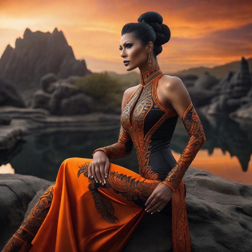  create 2 different mystical creatures with one wearing an all black komodo outfit with orange accents and the other wearing orange and black space them apart and the theme is dreamworld hyperrealistic, full body, detailed clothing, highly detailed, cinematic lighting, stunningly beautiful, intricate, sharp focus, f/1. 8, 85mm, (centered image composition), (professionally color graded), ((bright soft diffused light)), volumetric fog, trending on instagram, trending on tumblr, HDR 4K, 8K