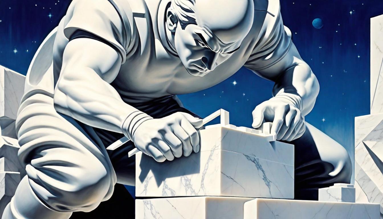  retro futuristic A sculptor chiseling a block of marble into a refined statue, details emerging under careful hands. Practice, refinement, effectiveness. lvintage sci fi, 50s and 60s style, atomic age, vibrant, highly detailed