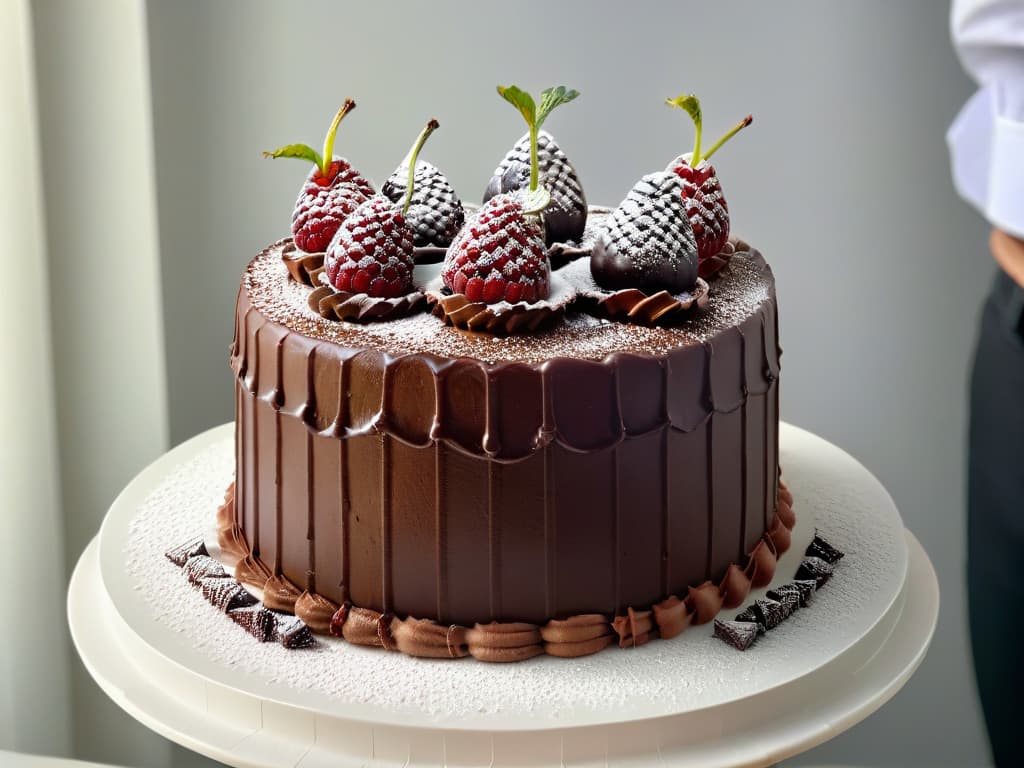  An ultradetailed image of a decadent vegan chocolate cake adorned with fresh raspberries and a dusting of powdered sugar on a sleek, modern white cake stand. The cake is rich and moist, with layers of velvety chocolate ganache between each tier. The raspberries provide a pop of vibrant color against the deep chocolate hue, and the overall presentation is elegant and enticing, perfect for a vegan dessert showcase. hyperrealistic, full body, detailed clothing, highly detailed, cinematic lighting, stunningly beautiful, intricate, sharp focus, f/1. 8, 85mm, (centered image composition), (professionally color graded), ((bright soft diffused light)), volumetric fog, trending on instagram, trending on tumblr, HDR 4K, 8K