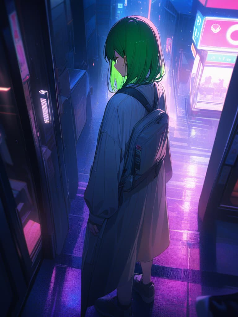  Green hair character walking in the glowing neon town of the rain at night, masterpiece, best quality,8k,ultra detailed,high resolution,an extremely delicate and beautiful,hyper detail