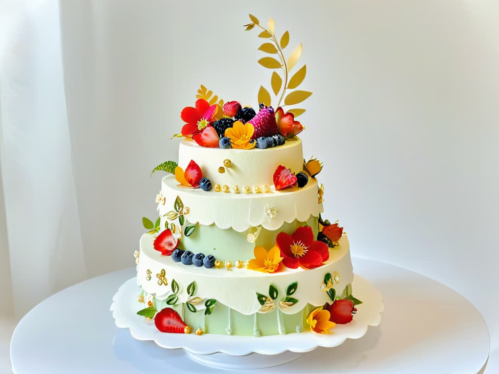  A beautifully decorated threetiered cake standing on a crystalclear cake stand. The cake is covered in intricate floral designs made of fondant, with each petal and leaf meticulously crafted and painted with edible gold accents. The top tier is adorned with a cascade of fresh berries and vibrant edible flowers, creating a stunning contrast against the white frosting. The background features soft focus fairy lights, adding a magical and elegant touch to the scene. hyperrealistic, full body, detailed clothing, highly detailed, cinematic lighting, stunningly beautiful, intricate, sharp focus, f/1. 8, 85mm, (centered image composition), (professionally color graded), ((bright soft diffused light)), volumetric fog, trending on instagram, trending on tumblr, HDR 4K, 8K