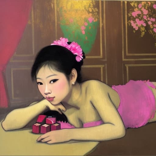  Attractive Beautiful young Thai reclining with moist pink open lips. Forground is plates of fine dark chocolates. Background is a Thai palace. Painting style of Edgar Degas