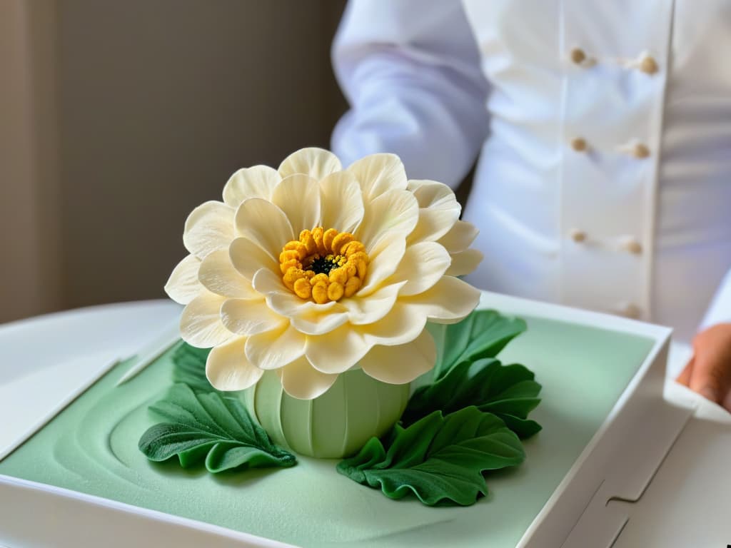  A closeup, ultradetailed image of a delicate, intricate sugar flower being meticulously crafted by a pastry chef's skilled hands. The focus is on the subtle textures of the petal, the fine lines of the stem, and the careful precision of the artist at work. The background is softly blurred to emphasize the craftsmanship involved in creating this exquisite edible art piece. hyperrealistic, full body, detailed clothing, highly detailed, cinematic lighting, stunningly beautiful, intricate, sharp focus, f/1. 8, 85mm, (centered image composition), (professionally color graded), ((bright soft diffused light)), volumetric fog, trending on instagram, trending on tumblr, HDR 4K, 8K