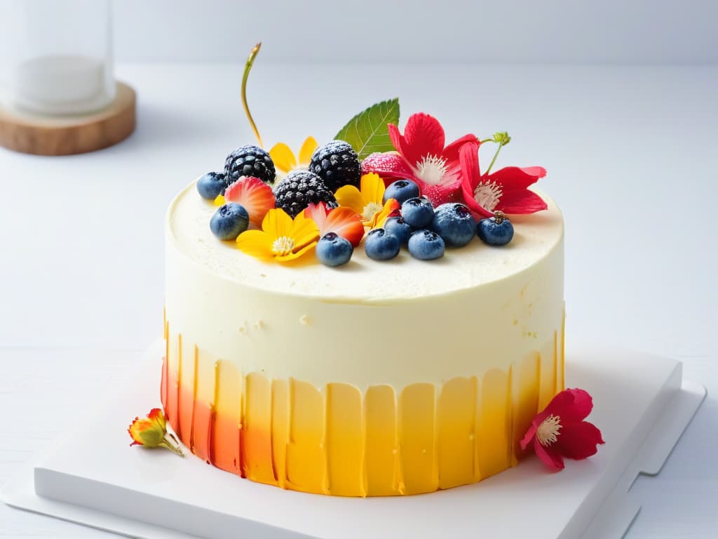  A minimalist, ultradetailed image of a vibrant rainbowcolored vegan cake adorned with edible flowers, fresh berries, and delicate gold leaf accents, set against a simple white background to emphasize the intricate details and innovative ingredients used in vegan baking. hyperrealistic, full body, detailed clothing, highly detailed, cinematic lighting, stunningly beautiful, intricate, sharp focus, f/1. 8, 85mm, (centered image composition), (professionally color graded), ((bright soft diffused light)), volumetric fog, trending on instagram, trending on tumblr, HDR 4K, 8K