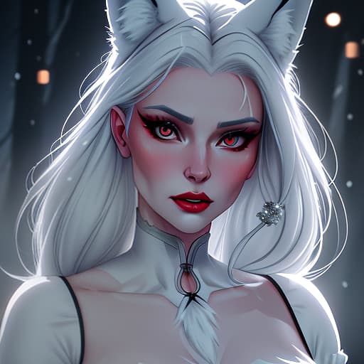  The beast is a girl with fox ears and snow white hair, her eyes are red in 8K resolution, detailed skin texture, (blush:0.5), (goosebumps:0.5), subsurface scattering hyperrealistic, full body, detailed clothing, highly detailed, cinematic lighting, stunningly beautiful, intricate, sharp focus, f/1. 8, 85mm, (centered image composition), (professionally color graded), ((bright soft diffused light)), volumetric fog, trending on instagram, trending on tumblr, HDR 4K, 8K