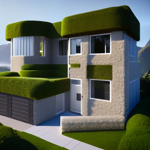 wa-vy style Realistic architectural rendering of a capsule multiple house within concrete giant blocks with moss and tall rounded windows with lights in the interior, human scales hyperrealistic, full body, detailed clothing, highly detailed, cinematic lighting, stunningly beautiful, intricate, sharp focus, f/1. 8, 85mm, (centered image composition), (professionally color graded), ((bright soft diffused light)), volumetric fog, trending on instagram, trending on tumblr, HDR 4K, 8K