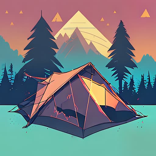 nvinkpunk Whimsical mountains with trees, and camping tent with campfire