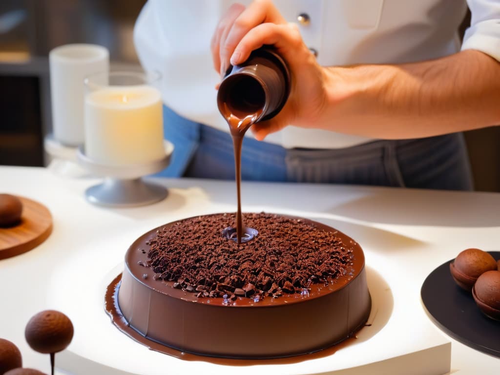  A closeup, ultradetailed image of a skilled chocolatier expertly handpouring molten chocolate into delicate molds, capturing the glossy, smooth texture and intricate designs of the process in stunning clarity. hyperrealistic, full body, detailed clothing, highly detailed, cinematic lighting, stunningly beautiful, intricate, sharp focus, f/1. 8, 85mm, (centered image composition), (professionally color graded), ((bright soft diffused light)), volumetric fog, trending on instagram, trending on tumblr, HDR 4K, 8K