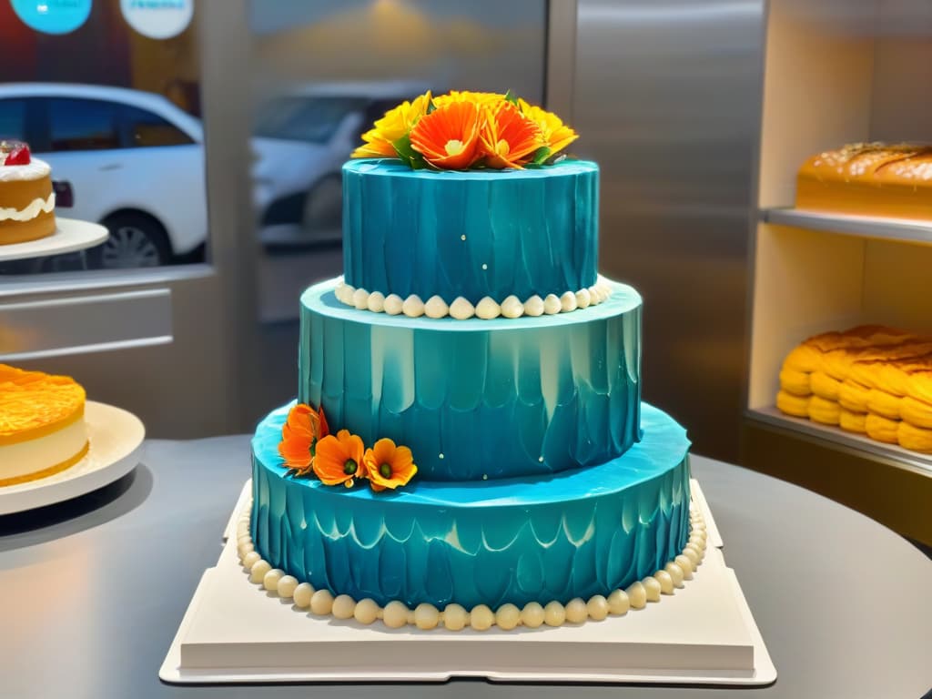  A closeup, ultradetailed image of a beautifully designed cake display in a bakery, showcasing a variety of intricately decorated cakes with vibrant colors, intricate designs, and delicate details that highlight the artistry and skill behind successful bakery merchandising. hyperrealistic, full body, detailed clothing, highly detailed, cinematic lighting, stunningly beautiful, intricate, sharp focus, f/1. 8, 85mm, (centered image composition), (professionally color graded), ((bright soft diffused light)), volumetric fog, trending on instagram, trending on tumblr, HDR 4K, 8K