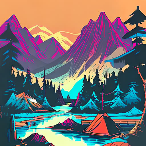 nvinkpunk Whimsical mountains with trees, water, and camping