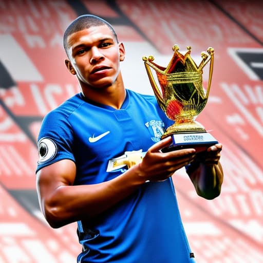 portrait+ style A photo of mbappe in Manchester united shirt holding premier league golden boot award with a banner at the top saying "top scorer"2024 season