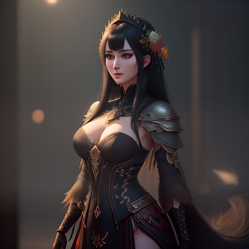  Girl. 1/3 turn. Closed eastern clothing. Black hair, long, gathered into a tail with a pin. Amber colored eyes. Pale skin. Seduced souls behind., (Extremely Detailed Oil Painting:1.2), glow effects, godrays, Hand drawn, render, 8k, octane render, cinema 4d, blender, dark, atmospheric 4k ultra detailed, cinematic sensual, Sharp focus, humorous illustration, big depth of field, Masterpiece, colors, 3d octane render, 4k, concept art, trending on artstation, hyperrealistic, Vivid colors, extremely detailed CG unity 8k wallpaper, trending on ArtStation, trending on CGSociety, Intricate, High Detail, dramatic hyperrealistic, full body, detailed clothing, highly detailed, cinematic lighting, stunningly beautiful, intricate, sharp focus, f/1. 8, 85mm, (centered image composition), (professionally color graded), ((bright soft diffused light)), volumetric fog, trending on instagram, trending on tumblr, HDR 4K, 8K