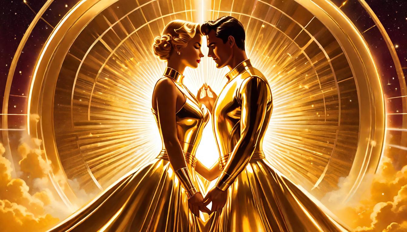  retro futuristic golden rays emanating from a heart, surrounding figure in meditative pose, golden hue enveloping the scene, essence of warmth and radiance, a symbol of inner light and universal connection lvintage sci fi, 50s and 60s style, atomic age, vibrant, highly detailed