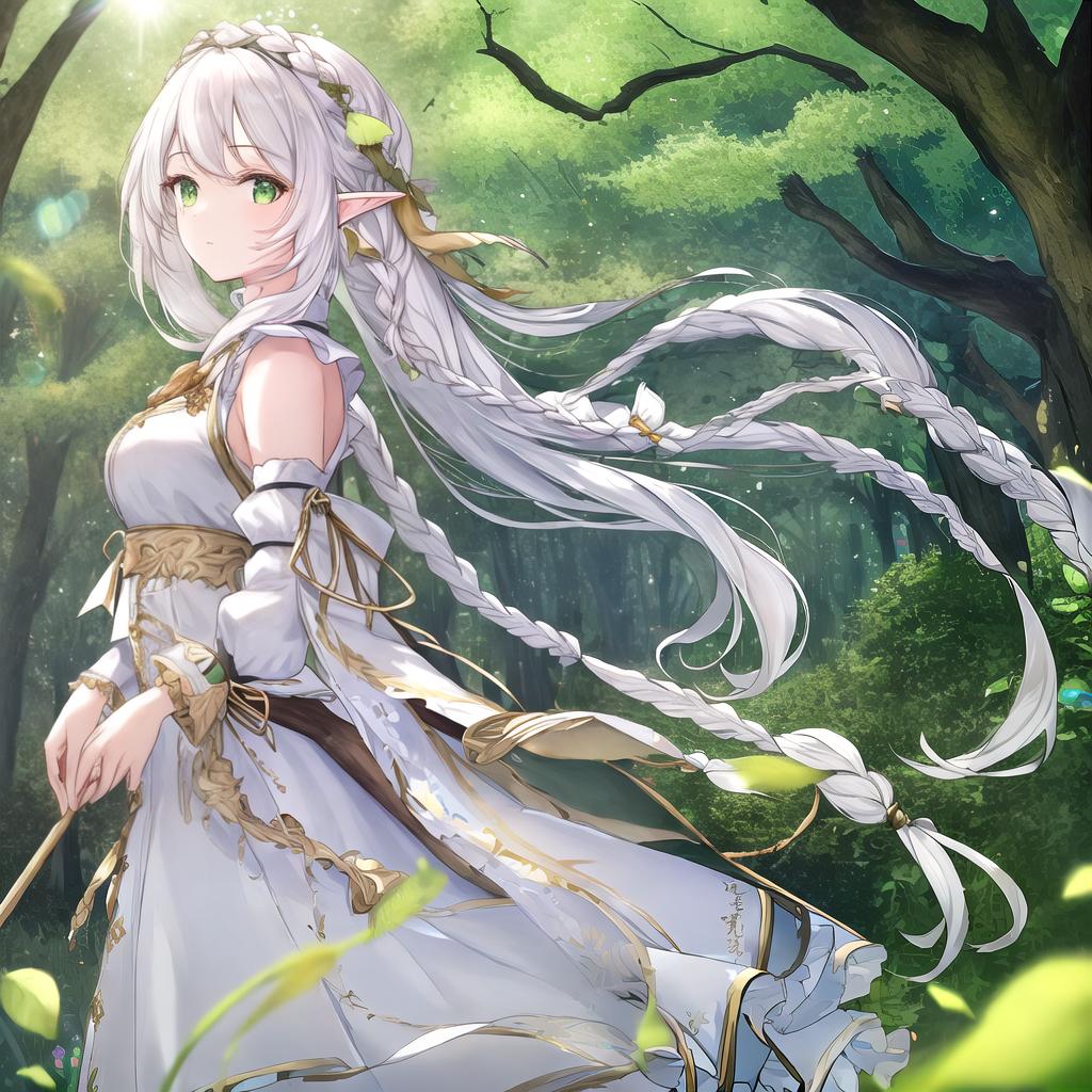  masterpiece, best quality, (masterpiece, best quality, high quality, super detail), realism, 1 sweet girl, bigger,(side braid:1.1), long hair,((white hair)), leaf hair accessory, elf, green eyes, pale skin, bare shoulders, jewelry, white dress,(separated sleeves:1.1), bracelet,(away from sight:1.2),(hair floating:1.3), from the side,(in forest:1.3),(lens flare from right:1.2)