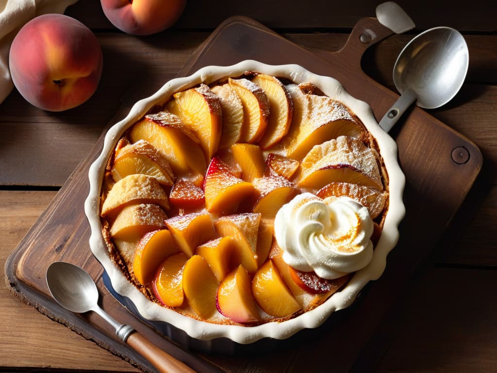  A closeup, ultradetailed image of a freshly baked peach cobbler resting on a rustic wooden table. The cobbler is golden brown with bubbling peach filling peeking through the perfectly flaky crust. A dollop of whipped cream is elegantly placed on top, slowly melting into the warm dessert. The table is adorned with a few scattered peach pits and a vintage silver spoon, adding a touch of nostalgia to the scene. The lighting is soft, casting a warm glow on the cobbler and creating a cozy, inviting atmosphere. hyperrealistic, full body, detailed clothing, highly detailed, cinematic lighting, stunningly beautiful, intricate, sharp focus, f/1. 8, 85mm, (centered image composition), (professionally color graded), ((bright soft diffused light)), volumetric fog, trending on instagram, trending on tumblr, HDR 4K, 8K