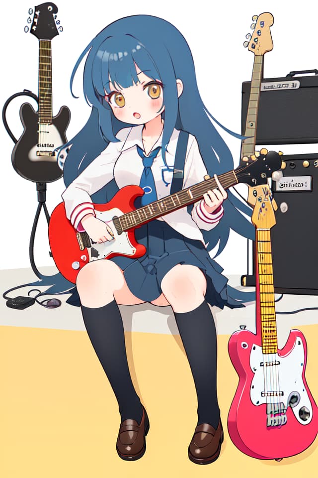  High school girl, mini character, cute, electric guitar, long hair, uniform, sitting, cats