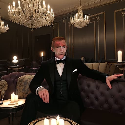  Attractive looking James Bond lookalike in black tuxedo is sitting on couch,drinking in chic guest room in Jugendstil design,shadowy inside only lit by candles on the tables and chandeliers above