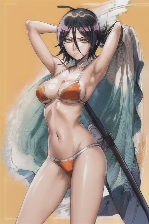 ((((detailed illustration of Rukia Kuchiki from Bleach)))), (((1 woman))), (((solo))), (((single drawing))), (((solo person))), highres, absurdres, laughing, neat teeth, hands behind head, exposed armpits, armpit hair, small breasts, short black hair, fine detail, masterpiece, looking at viewer, full body, ((happy expression)), (((day at the beach))), violet eyes, ((perfect eyes)), ((((highly detailed eyes)))), shiny lens, good anatomy, best quality, sunshine, tropcal background, (orange bikini), nice hands, detailed facial expressions, detailed nose, detailed hair, detailed mouth, professional art style, expressive eyes, high resolution, high quality image, 4K, HD