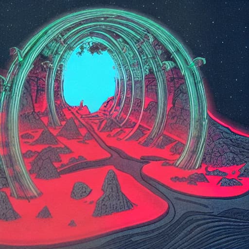  inside the hollow earth with bioluminecent life, neon red and black trim