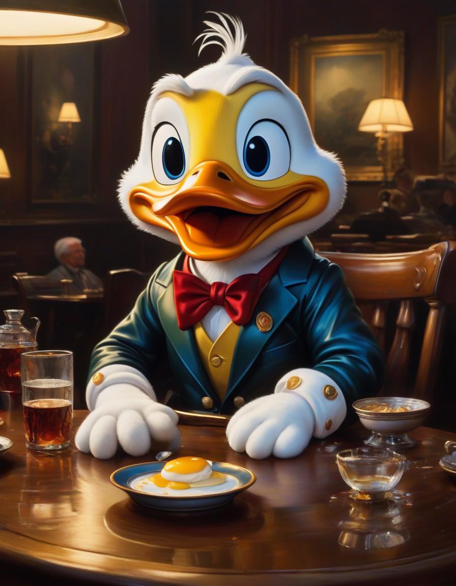  A painting in oil with large strokes, paint drops, and a McDuck from "DuckTales" sitting at a table with a plate, oil painting, style Pixar. hyperrealistic, full body, detailed clothing, highly detailed, cinematic lighting, stunningly beautiful, intricate, sharp focus, f/1. 8, 85mm, (centered image composition), (professionally color graded), ((bright soft diffused light)), volumetric fog, trending on instagram, trending on tumblr, HDR 4K, 8K