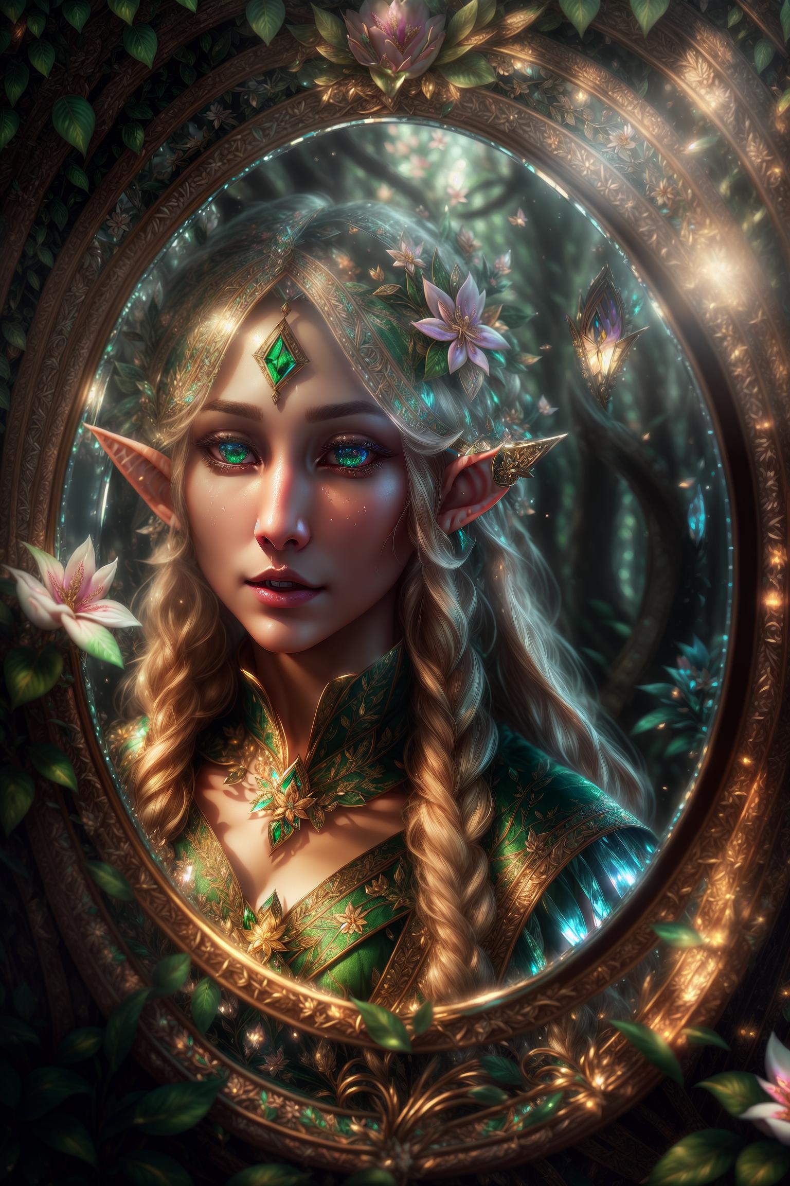  masterpiece,(bestquality),highlydetailed,(beautiful elf:1.5),(narcissistic expression:1.2),(lifedrain:1.3),{reflection in the mirror: trapped in the mirror:1.2},(ancient mirror:1.5),(attracted person:0.8),{dark environment: mysterious atmosphere:1.1},(mirror reflection:1.3),{elf elements: forest: mushrooms: flowers:1.2},(forest elements:1.5),(flower elements:1.5) hyperrealistic, full body, detailed clothing, highly detailed, cinematic lighting, stunningly beautiful, intricate, sharp focus, f/1. 8, 85mm, (centered image composition), (professionally color graded), ((bright soft diffused light)), volumetric fog, trending on instagram, trending on tumblr, HDR 4K, 8K