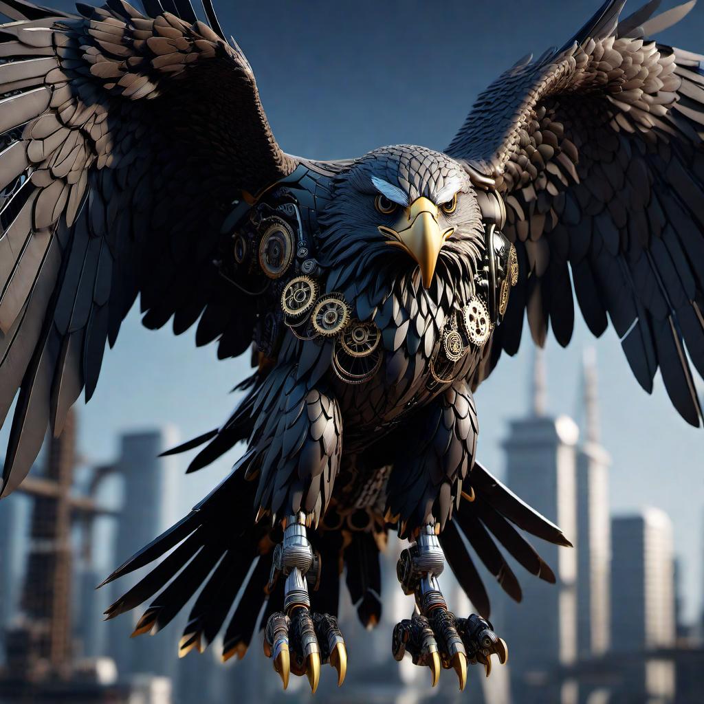  An 8k Unreal Engine render of a photorealistic robotic eagle. The intricate details of its construction are visible, showcasing countless wires and gears that contribute to its mechanical form. The eagle, majestic and powerful, is detailed to such an extent that one can see the subtle gleam on individual gears and the intricacies of the woven wires. As a testament to its photorealistic appearance, the robot exhibits characteristics of an actual eagle – fierce eyes, pointed beak, and broad, layered wings. hyperrealistic, full body, detailed clothing, highly detailed, cinematic lighting, stunningly beautiful, intricate, sharp focus, f/1. 8, 85mm, (centered image composition), (professionally color graded), ((bright soft diffused light)), volumetric fog, trending on instagram, trending on tumblr, HDR 4K, 8K