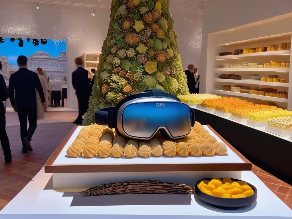  A minimalist and highly detailed image of an intricately designed AR headset hovering above a decadent dessert table filled with an array of traditional sweets from around the world. The AR headset emits a soft glow, showcasing a virtual overlay of historical information and interactive elements related to the desserts, blending the past with the present in a visually captivating way. hyperrealistic, full body, detailed clothing, highly detailed, cinematic lighting, stunningly beautiful, intricate, sharp focus, f/1. 8, 85mm, (centered image composition), (professionally color graded), ((bright soft diffused light)), volumetric fog, trending on instagram, trending on tumblr, HDR 4K, 8K