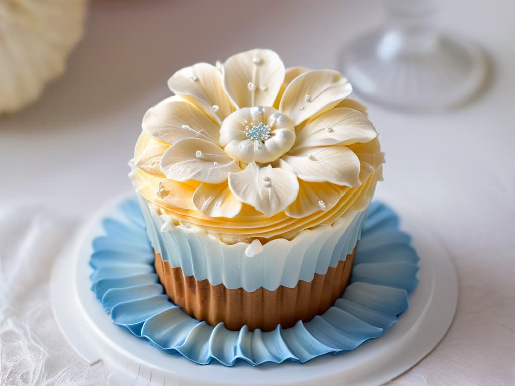  A closeup, ultradetailed image of a delicate, handcrafted sugar flower resting atop a perfectly frosted cupcake. The intricate details of the petal veins, subtle shading, and glistening sugar crystals are captured with such clarity that every tiny facet is visible. The color palette is soft and pastel, creating a harmonious and elegant composition that exudes sophistication and artistry. hyperrealistic, full body, detailed clothing, highly detailed, cinematic lighting, stunningly beautiful, intricate, sharp focus, f/1. 8, 85mm, (centered image composition), (professionally color graded), ((bright soft diffused light)), volumetric fog, trending on instagram, trending on tumblr, HDR 4K, 8K