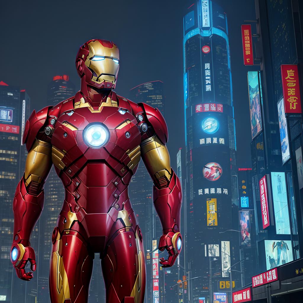  masterpiece, best quality, Best quality, masterpiece, 8k resolution, realistic, highly detailed, close up of Iron Man. In a cyberpunk-style night scene of the city, he stands on a street lined with tall buildings. The city's night lights are bright, The surrounding buildings and streets are filled with cyberpunk elements such as neon lights, high-tech devices, and futuristic architectural designs.