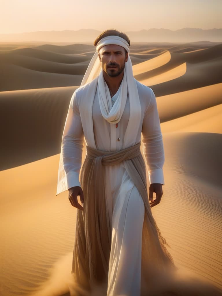  Half body portrait, handsome man tie a solid white casual Headscarf , wear casual men style standing on sand dunes in desert, look at to camera, cinematic lighting, stunningly beautiful, intricate, sharp focus, f/1. 8, 85mm, (professionally color graded), ((bright soft diffused light)), volumetric fog, trending on instagram, trending on tumblr, HDR 4K, 8K hyperrealistic, full body, detailed clothing, highly detailed, cinematic lighting, stunningly beautiful, intricate, sharp focus, f/1. 8, 85mm, (centered image composition), (professionally color graded), ((bright soft diffused light)), volumetric fog, trending on instagram, trending on tumblr, HDR 4K, 8K