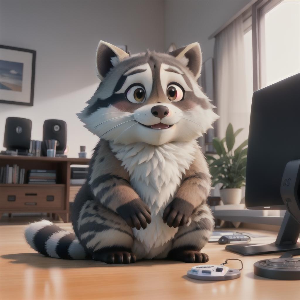  raccoon sitting in gaming chair front a computer on desktop, ((semi anthropomorphic)),(full body), tail, belly, sitting, fat, (chubby), (((white background))), solo, desktop, gaming chair, side view,  [[[clothes]]] hyperrealistic, full body, detailed clothing, highly detailed, cinematic lighting, stunningly beautiful, intricate, sharp focus, f/1. 8, 85mm, (centered image composition), (professionally color graded), ((bright soft diffused light)), volumetric fog, trending on instagram, trending on tumblr, HDR 4K, 8K