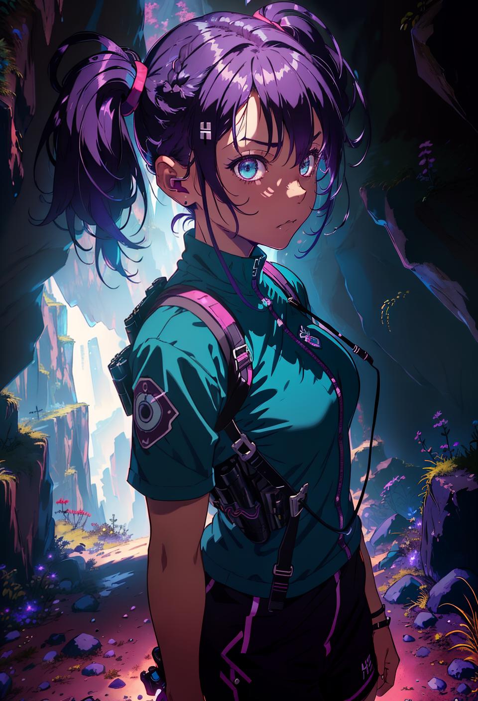  ((trending, highres, masterpiece, cinematic shot)), 1girl, mature, female hiking gear, large, dark cavern scene, short spiked purple hair, twintails hairstyle, narrow aqua eyes, personality, sad expression, very dark skin, orderly, clever
